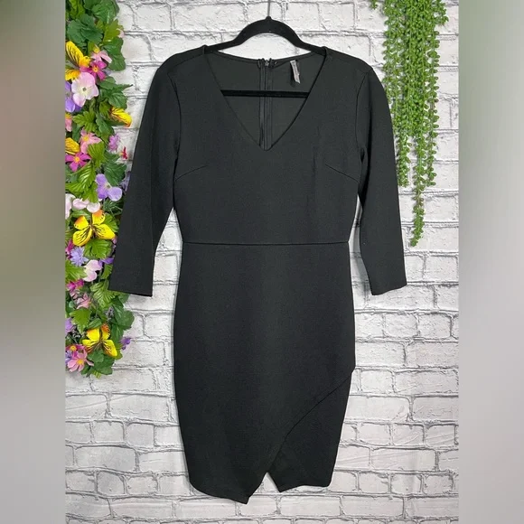 3 4 sleeve black bodycon dress Black 3/4 Sleeve Tie Neck Bodycon Pencil Dress – Pretty Kitty Fashion main image 0